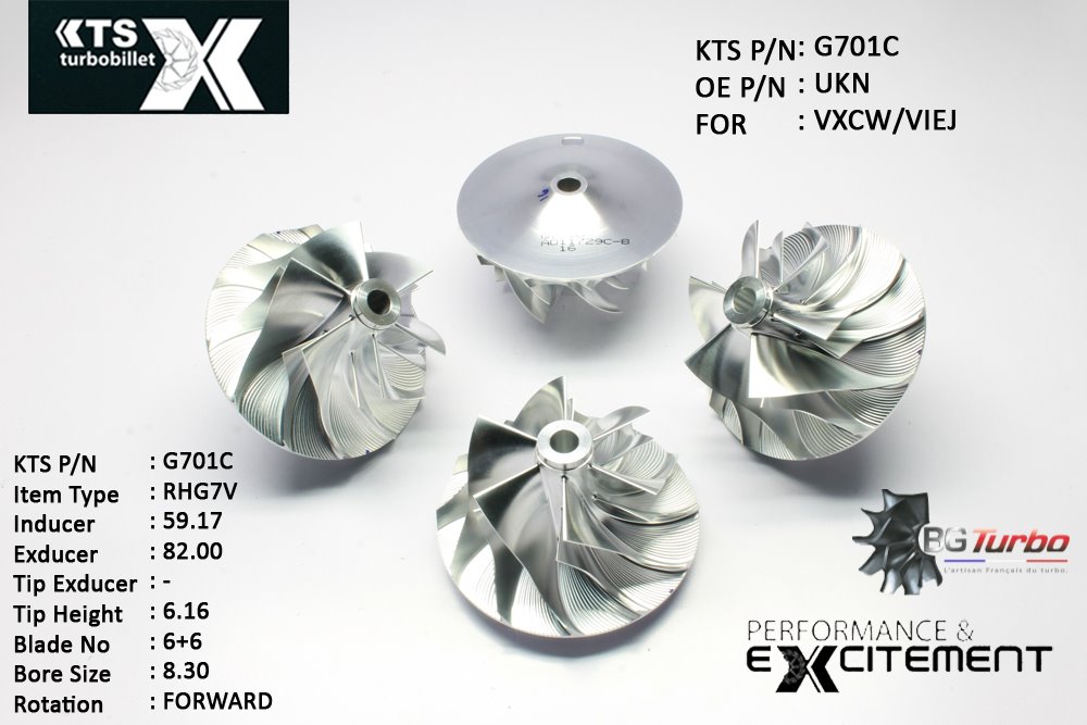Turbo ROUE FORGÉE MFS PERFORMANCE - 6+6 PALES - INDUCER : 59,17 - EXDUCER : 82 - TYPE : RHG7VANGLE : 50° - ROTATION : Forward - SUPER BACK : 7,57 - BORE SIZE : 8,3
